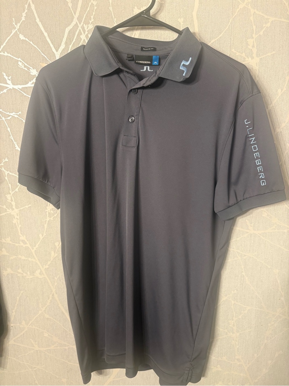 J.Lindeberg Men’s Dark Gray Polo with Light Blue Accents